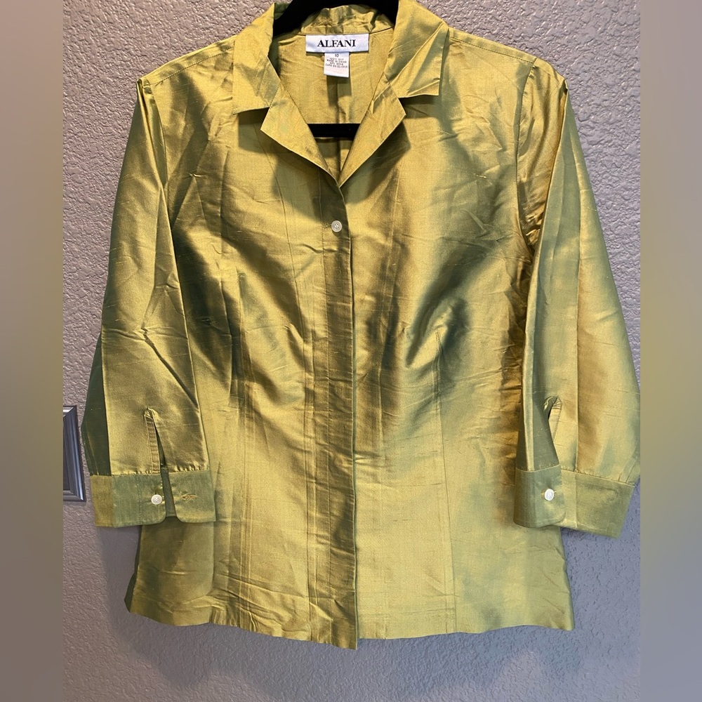 Alfani silk dress blouse. Chartreuse color, hidden front buttons. Beautiful top.